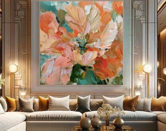 3D Abstract Flower Oil Painting on Canvas,Minimalist Floral Art,Modern Flower Art,Boho Wall Decor,Minimal 3D Artwork,Living Room Decor,Gifts