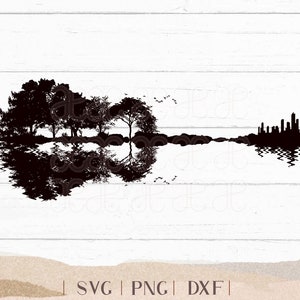 Gitaar silhouet SVG - land bos naar stad in de vorm van gitaar, gitaar zonsondergang, muziekliefhebber, gitaar tekening gesneden bestand, 3D-gitaar SVG