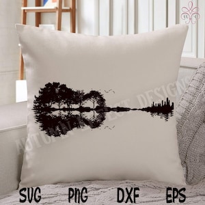 May include: A black and white silhouette of a guitar with trees reflected in the water. The guitar is made up of the trees and their reflection in the water. The trees are on the left side of the image and the reflection is on the right side of the image.