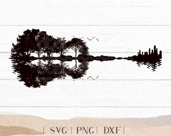 Guitar Silhouette SVG - Country Woods to City in Shape of Guitar, Guitar Sunset, Music Lover, Guitar Drawing Cut File, 3d guitar svg