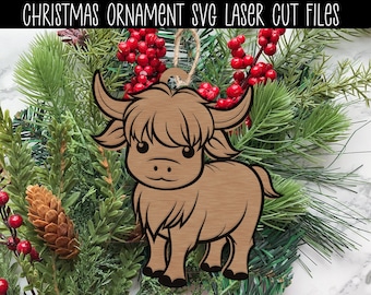 Cute Highland Cow Ornament SVG Laser Cut File, Laser Ornament SVG, Country Christmas SVG, Cow Ornament, Cowboy Christmas