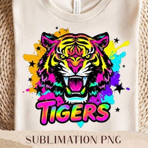 Tigers PNG - Bright Neon Tigers Team Spirit Shirt Design - Sublimation Football Cheer - Colorful Preppy Mascot PNG - Tigers Football