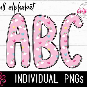 Alfabeto de arco-íris rosa - Alfabeto com tema de primavera PNG - Letras do alfabeto de arco-íris - Alfabeto de sublimação - Letras impressas femininas - Desenhado à mão