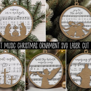 Partituras Adorno navideño SVG Archivos cortados con láser, Paquete SVG de adorno de madera cortado con láser, Canciones navideñas SVG, Noche de paz, Lejos en un pesebre