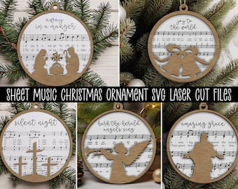Sheet Music Christmas Ornament SVG Laser Cut Files, Laser Cut Wood Ornament SVG Bundle, Christmas Songs SVG, Silent Night, Away in a Manger