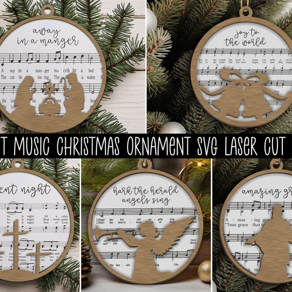 Sheet Music Christmas Ornament SVG Laser Cut Files, Laser Cut Wood Ornament SVG Bundle, Christmas Songs SVG, Silent Night, Away in a Manger