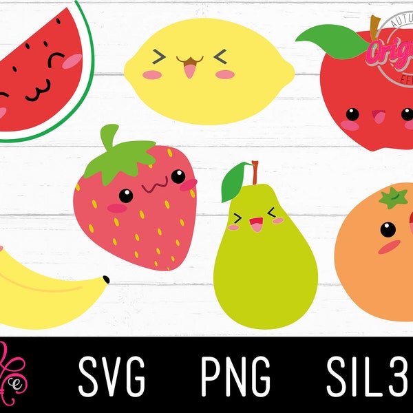 Kawaii Fruit SVG, Kawaii SVG, Fruit Clipart,  Strawberry Cut File, Watermelon, Pear, Lemon, Banana, Apple, Orange SVG, Commercial Use