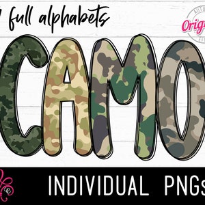 4 conjuntos de alfabeto temático de camuflagem PNG - Letras do alfabeto com impressão camuflada - Alfabeto de sublimação - Letras impressas com tema de meninos - Desenhado à mão