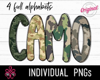 4 Sets of Camouflage Themed Alphabet PNG - Camo print Alphabet Letters - Sublimation Alphabet - Boys Theme Print Letters - Hand Drawn