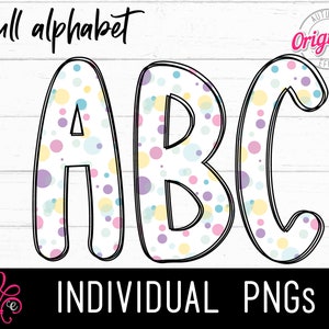 Alfabeto com tema de pontos pastel PNG - Letras do alfabeto com impressão de pontos - Alfabeto de sublimação - Letras impressas com tema de primavera - Letras desenhadas à mão
