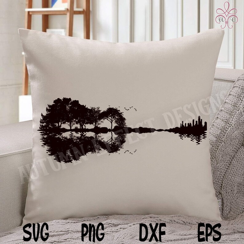 May include: A black and white silhouette of a guitar with trees reflected in the water. The guitar is made up of the trees and their reflection in the water. The trees are on the left side of the image and the reflection is on the right side of the image.