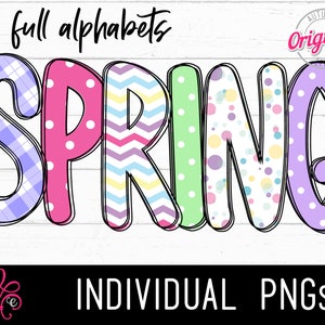 6 juegos de alfabeto temático de primavera PNG - Letras del alfabeto de garabato de verano - Alfabeto de sublimación - Letras de impresión del tema de Pascua - Dibujadas a mano