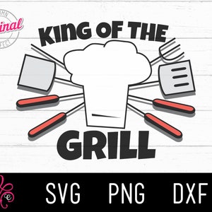 May include: Black and white graphic design with the text "King of the Grill" and a chef's hat surrounded by grilling tools. The text "Original Effect" is in a circle above the design.