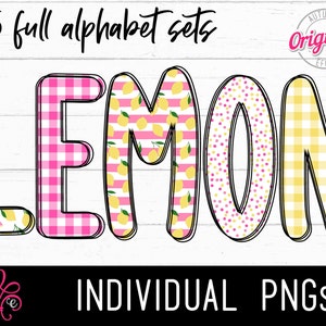 Alfabeto com tema limonada rosa PNG - 5 conjuntos - Letras do alfabeto Doodle - Alfabeto de sublimação - Letras impressas com tema limão - Desenhado à mão