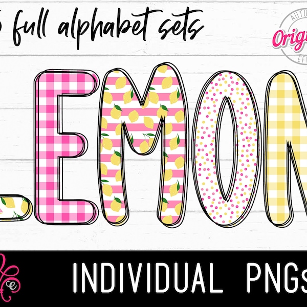 Pink Lemonade Themed Alphabet PNG - 5 Sets - Doodle Alphabet Letters - Sublimation Alphabet - Lemon Theme Print Letters - Hand Drawn