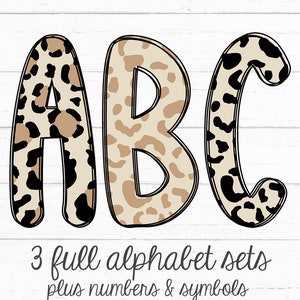 Alfabeto com estampa de leopardo PNG - 3 conjuntos - Letras do alfabeto Doodle - Alfabeto de sublimação - Letras com estampa de animais - Desenhado à mão