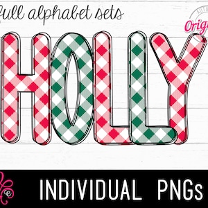 Alfabeto PNG com tema de guingão de férias - 2 conjuntos - Letras do alfabeto Doodle - Alfabeto de sublimação - Letras impressas com tema de Natal - Desenhado à mão