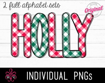 Holiday Gingham Themed Alphabet PNG - 2 Sets - Doodle Alphabet Letters - Sublimation Alphabet - Christmas Theme Print Letters - Hand Drawn