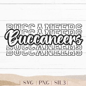 May include: Black and white graphic design with the text "Buccaneers" repeated multiple times in a layered, stacked, and offset pattern.