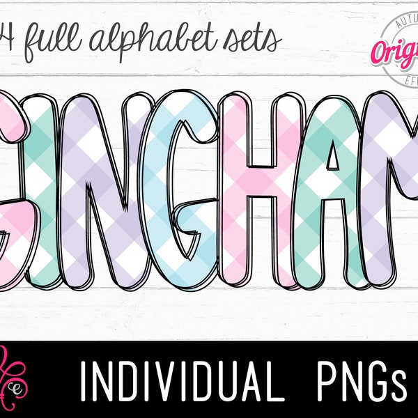 Pastel Gingham Themed Alphabet PNG - 4 Sets - Doodle Alphabet Letters - Sublimation Alphabet - Spring Theme Print Letters - Hand Drawn
