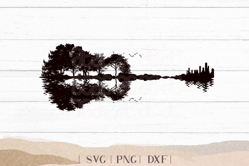 May include: Black silhouette of a guitar with trees and a city skyline reflected in the water. The guitar is made up of the natural landscape, with the trees forming the body and the city skyline forming the headstock. Birds are flying above the guitar.