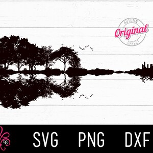 May include: Black silhouette of a guitar with trees and a city skyline reflected in water. The text "Autumn Original Effect" is in a circle above the guitar.