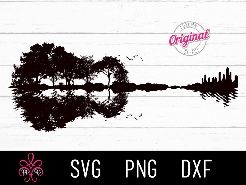 May include: Black silhouette of a guitar with trees and a city skyline reflected in water. The text "Autumn Original Effect" is in a circle above the guitar.