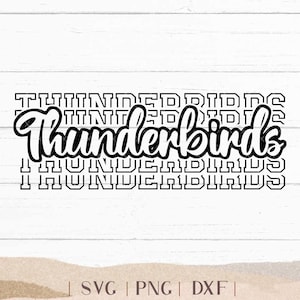 May include: Black and white graphic design featuring the word "Thunderbirds" repeated in a layered, stacked pattern. The word is stylized with a bold, blocky font.