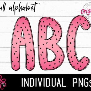 Alfabeto de melancia - Alfabeto com tema de verão PNG - Letras do alfabeto de frutas - Alfabeto de sublimação - Letras impressas femininas - Desenhado à mão