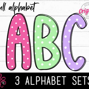 3 conjuntos de alfabeto temático de bolinhas de Páscoa PNG - letras do alfabeto com impressão de pontos - alfabeto de sublimação - letras impressas com tema de primavera - desenhados à mão