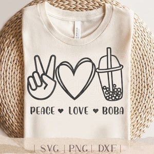 Peace Love et Boba SVG - PNG Bubble Tea - Signe de la paix et coeur - Perles de tapioca - amateur de thé