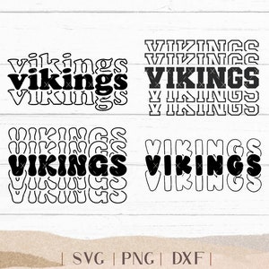 May include: Four different designs of the word "Vikings" in a retro style. The word is stacked on top of itself with each layer slightly offset. The word is in black with a white outline.