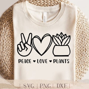 Paix amour et plantes SVG - PNG plante d'intérieur - signe de la paix et coeur - j'aime les plantes - plante maman