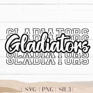 May include: Black and white graphic design with the word "Gladiators" repeated in a layered pattern. The word is in a bold, stylized font.