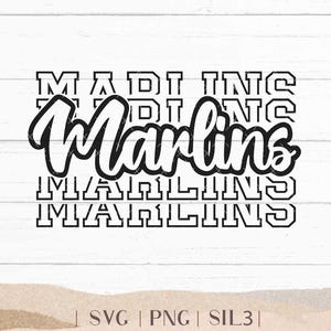 May include: Black and white graphic design featuring the word "Marlins" in a layered, stylized font. The word is repeated multiple times, with the top layer reading "MADI INC". The design is set against a white woodgrain background.