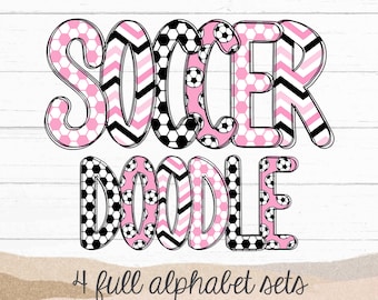 Soccer Themed Alphabet PNG - 4 Sets - Doodle Alphabet Letters - Sublimation Alphabet - Pink Sports Print Letters - Hand Drawn