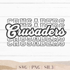 Puede incluir: Diseño gráfico en blanco y negro con el texto "Crusaders" en una fuente en negrita y estilizada. El texto se repite tres veces, con cada repetición ligeramente más pequeña que la de arriba.