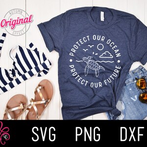 May include: A navy blue t-shirt with the text "Protect Our Ocean, Protect Our Future" encircling a sea turtle graphic. The image also includes a striped bikini top, denim shorts, sandals, and sunglasses, suggesting a beach or summer theme.