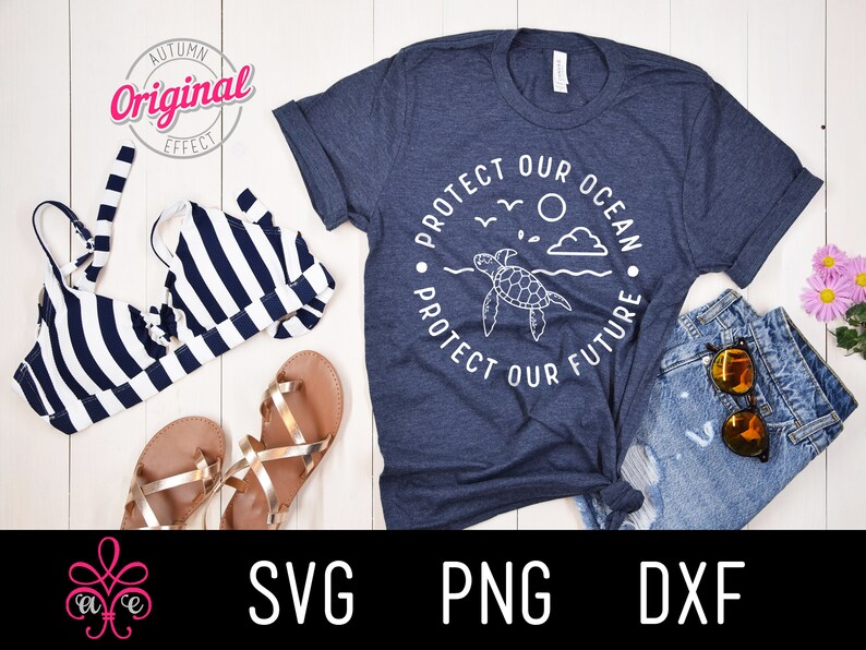 May include: A navy blue t-shirt with the text "Protect Our Ocean, Protect Our Future" encircling a sea turtle graphic. The image also includes a striped bikini top, denim shorts, sandals, and sunglasses, suggesting a beach or summer theme.