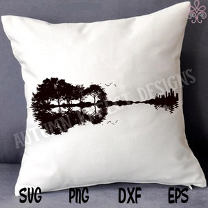 May include: A black and white silhouette of a guitar with trees reflected in the water forming the shape of the guitar.