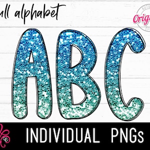 Alfabeto Glitter Ocean Ombre - Alfabeto com tema de praia PNG - Letras do alfabeto de água - Alfabeto de sublimação - Letras com impressão brilhante