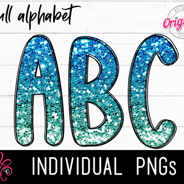 Glitter Ocean Ombre Alphabet - Beach Themed Alphabet PNG - Water Alphabet Letters - Sublimation Alphabet - Glitter Print Letters