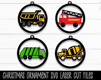 Trucks Christmas Ornaments SVG Laser Cut Files, Laser Ornament SVG Bundle, Fire Truck Ornament, Garbage Truck, Dump Truck, Cement Mixer SVG