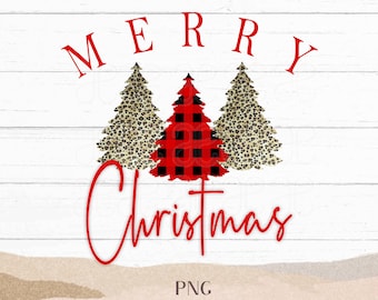Merry Christmas PNG - Leopard Print & Red Buffalo Plaid Christmas Tree Sublimation Design - Clipart - Tshirt Design