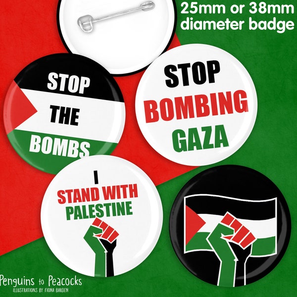 Free Palestine Button Badges Individual or Set of 4 Stop Bombing Gaza Protest Badge Palestine Pin Flag Israeli Occupation 25mm or 38mm