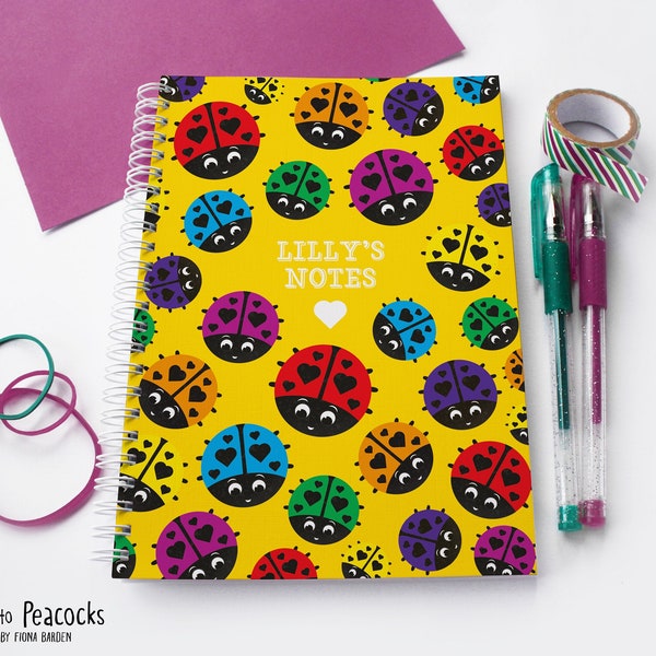 Personalised notebook, A5, Ladybird rainbow pattern, Insect / bug design, Cottagecore stationery / journal / bullet journal.