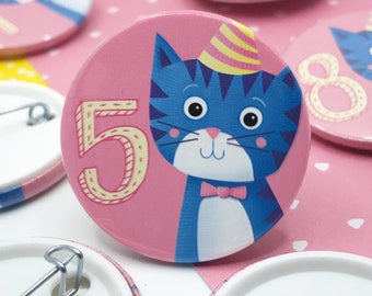 Children's birthday pink cat age badge. Kid's birthday animal button badge. 4th, 5th, 6th, 7th, 8th, 9th, 10th, 11th, 12th, 13th birthday