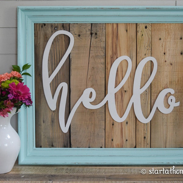 FINISHED Reclaimed Wood Aqua Hello Sign