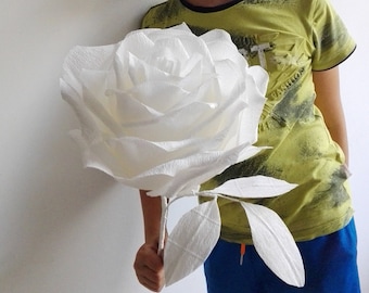 Giant flower white paper rose with white leaves Giant rose bridal bouquet Giant paper white rose wedding bouquet Large flower centerpiece