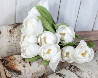White paper tulips, Crepe paper flower, Wedding white flower, Wedding bouquet, Anniversary gift idea, Bridal bouquet tulips, Handmade flower